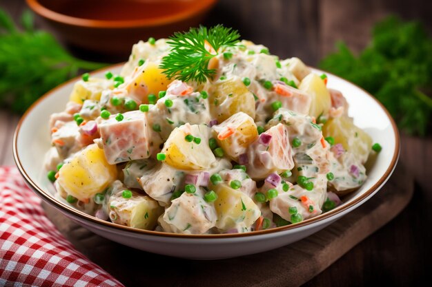 Foto hay un plato de ensalada de patatas con guisantes y zanahorias generativo ai