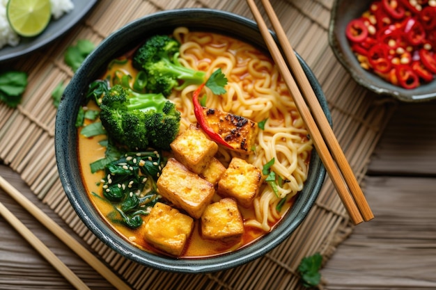 Foto hay un plato de fideos con brócoli y tofu.