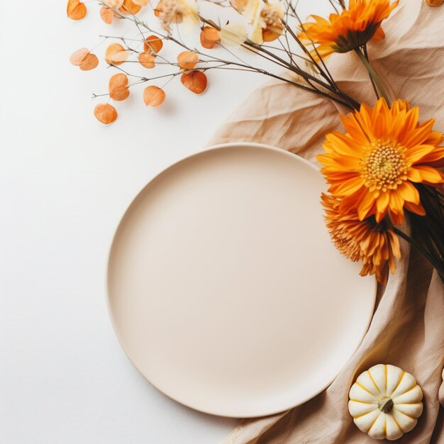 Foto hay un plato con una flor y una calabaza en él generativo ai