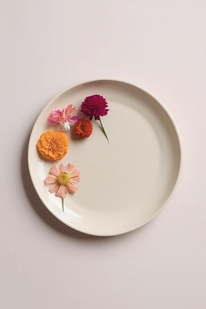 Foto hay un plato con flores sobre una superficie blanca ai generativo