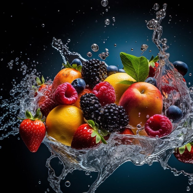 hay un plato de fruta que está siendo salpicado con agua generativa ai