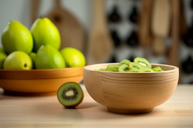 hay un plato de kiwis y un plato de peras sobre una mesa ai generativo