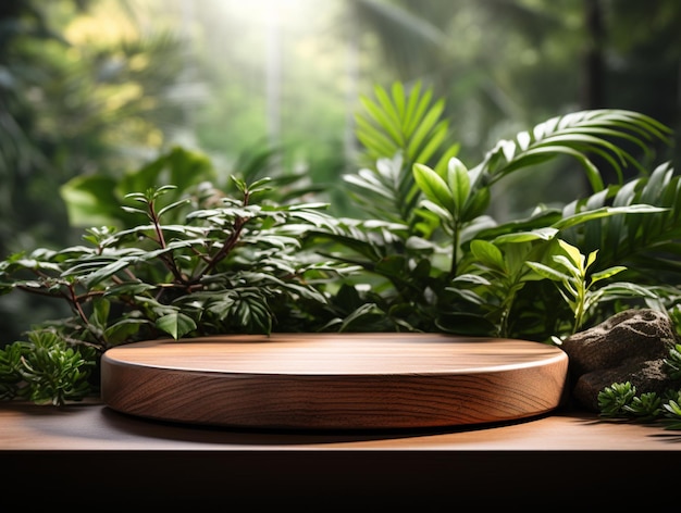 Hay un plato de madera sobre una mesa con plantas en el fondo ai generativo