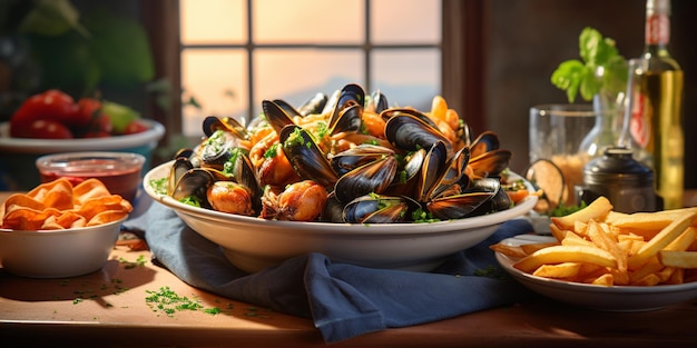 Hay un plato de mejillones y papas fritas en una mesa generativa ai