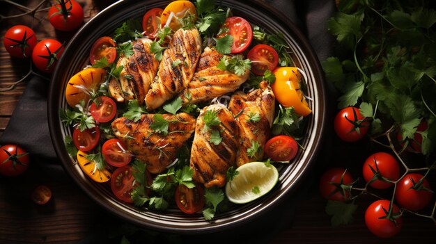 Hay un plato de pollo y tomates en una mesa generativa ai