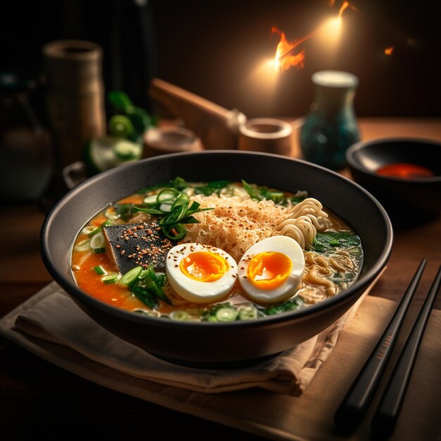 Foto hay un plato de ramen con un huevo cocido y fideos generativos ai