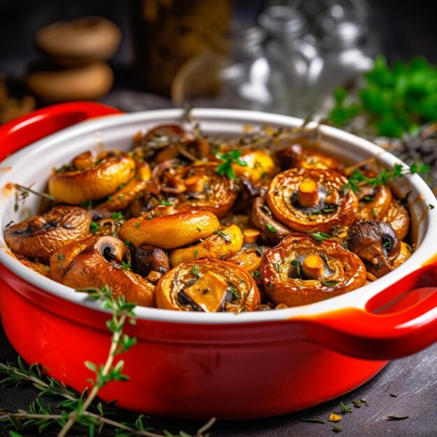 Hay un plato rojo con setas y hierbas en él generativo ai