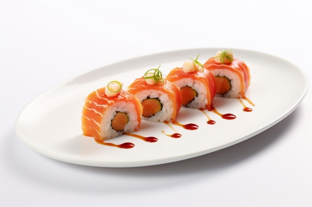 Hay un plato con un rollo de sushi en él ai generativo