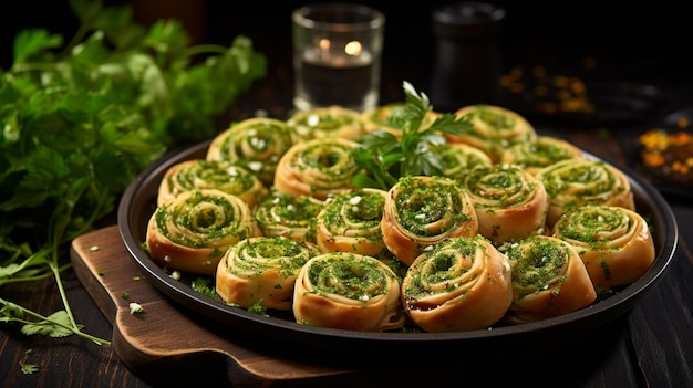 Foto hay un plato de rollos con pesto en él generativo ai