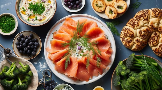 Hay un plato de salmón y verduras en una mesa generativa ai