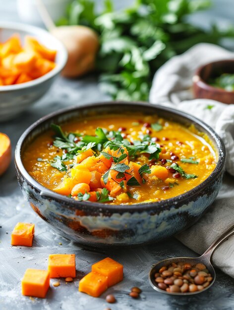 Hay un plato de sopa con una cuchara y algunas verduras generativas ai