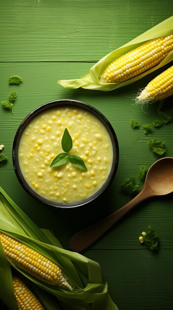 hay un plato de sopa con maíz y una cuchara generativa ai