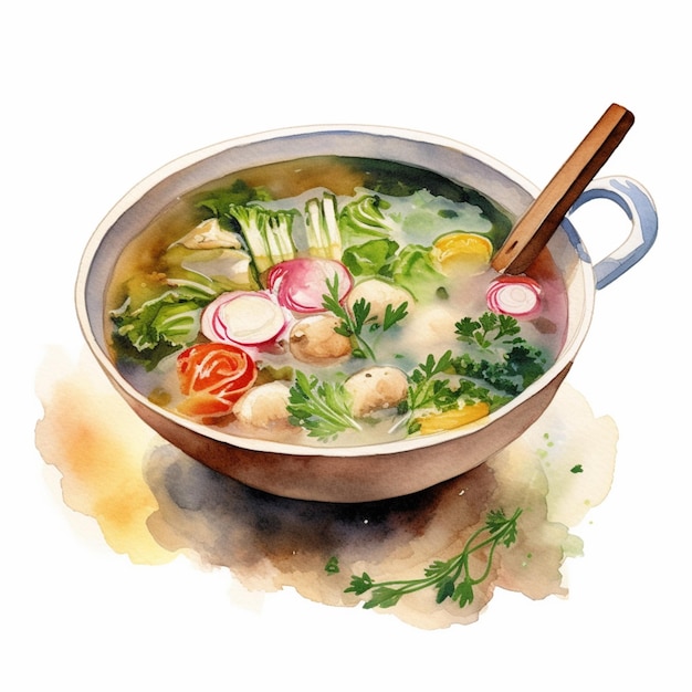 Hay un plato de sopa con verduras y carnes en él generativo ai
