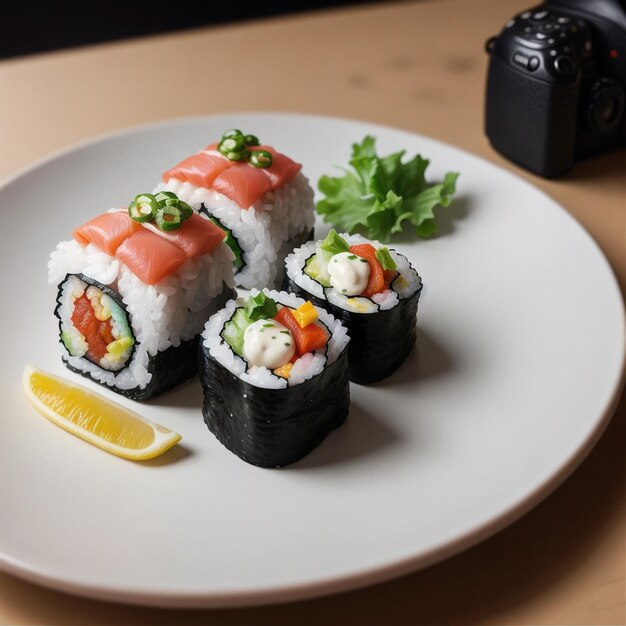 hay un plato de sushi con una cuña de limón en él