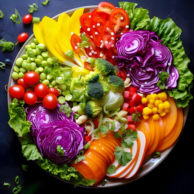 Foto hay un plato de verduras y frutas en una mesa ia generativa