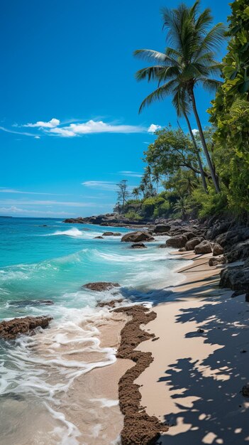 Hay una playa con algunas palmeras y un océano azul generativo ai