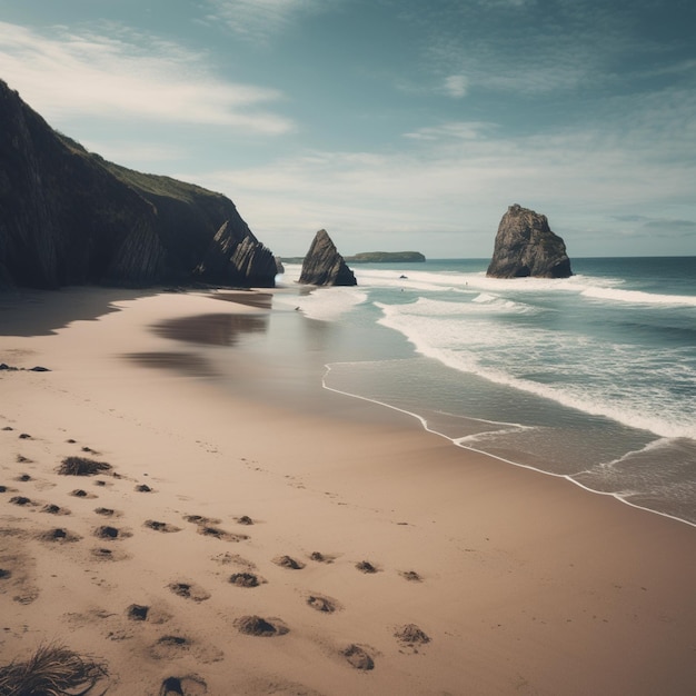 hay una playa de arena con huellas en la arena ai generativo