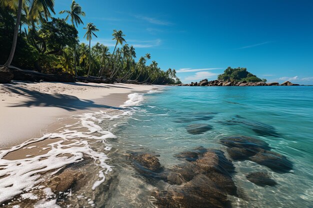 hay una playa de arena con un océano azul claro y palmeras generativas ai