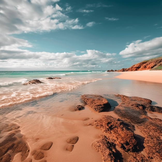 Hay una playa de arena con rocas y agua en ella generativo ai