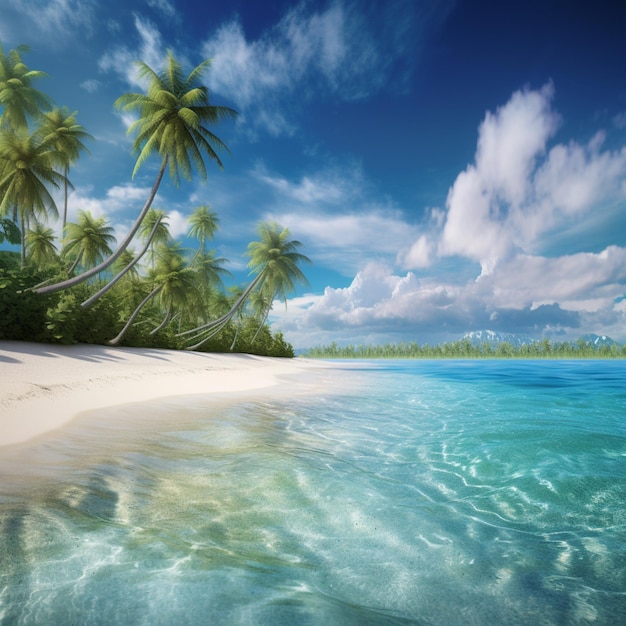 Hay una playa con muchas palmeras y un cuerpo de agua generativa ai