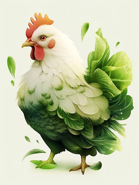 Hay un pollo blanco con una cabeza roja y hojas verdes generativas ai.