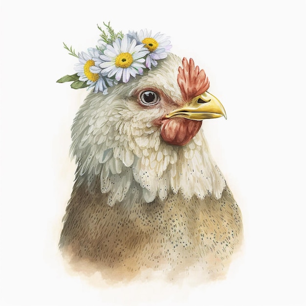 Hay un pollo con una corona de flores en la cabeza ai generativo