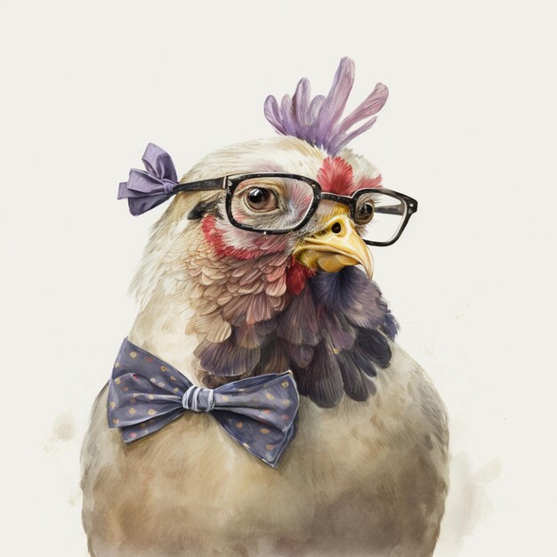 Hay un pollo con gafas y una corbata de papagaio generativa.