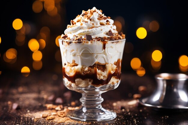 Foto hay un postre en un vaso con una cubierta de crema batida