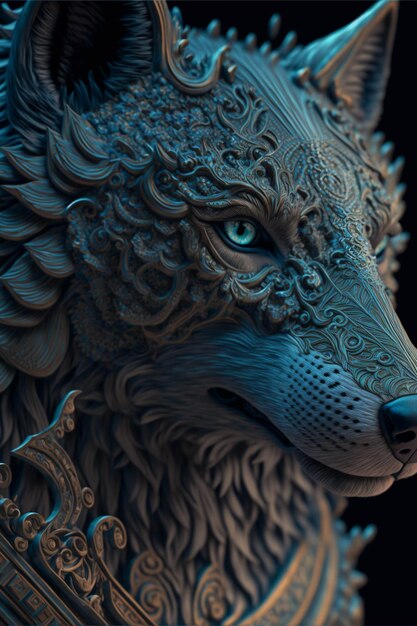 Foto hay un primer plano de una estatua de un lobo con ojos azules generativo ai