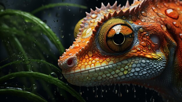 hay un primer plano de un lagarto con gotas de agua en su cara generativa ai