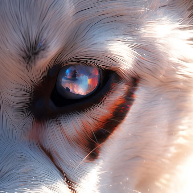 hay un primer plano del ojo de un perro con un reflejo de un cielo en él ai generativo