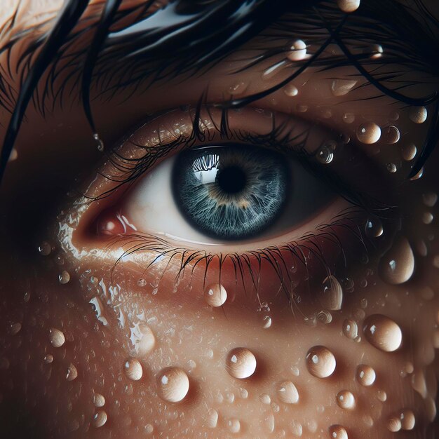 Hay un primer plano de un ojo de una persona con gotas de agua en él