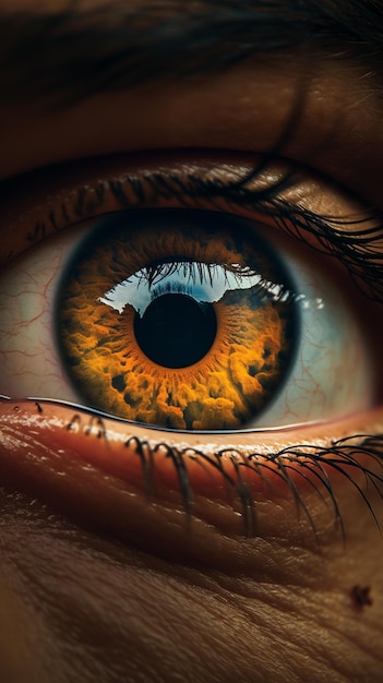 Hay un primer plano del ojo de una persona con un iris amarillo generativo ai