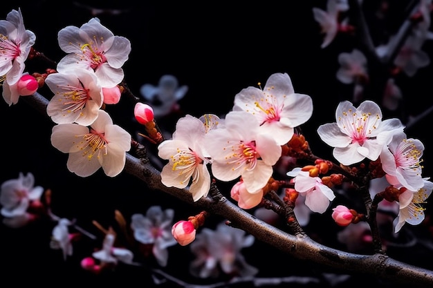 Hay un primer plano de una rama de un árbol con flores generativas ai