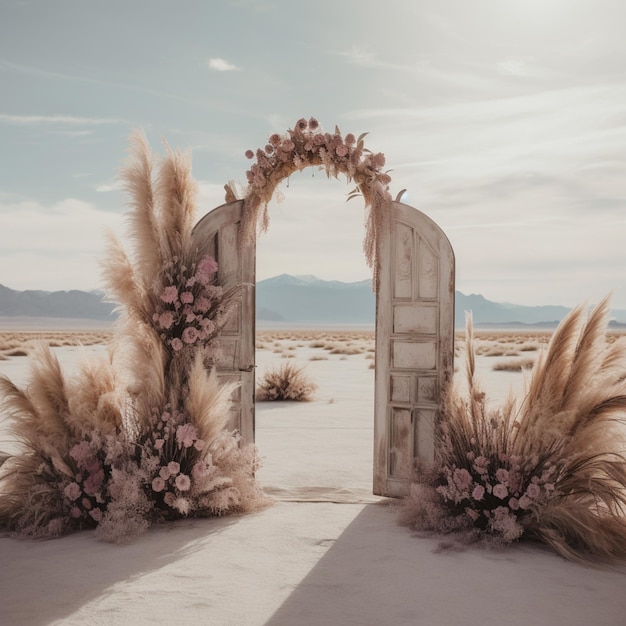 hay una puerta de madera con un ramo de flores ai generativo