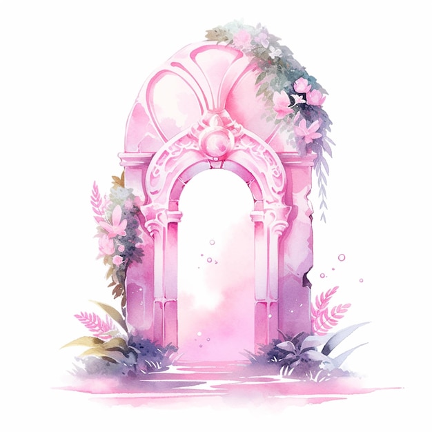 hay una puerta rosa con una flor rosa en ella generativo ai