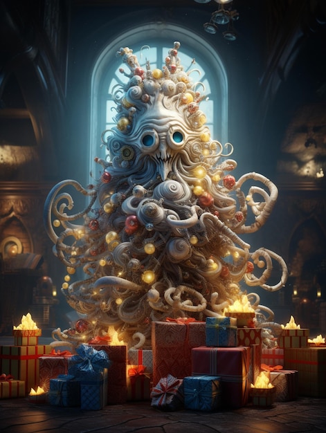 hay un pulpo muy grande que está parado frente a un árbol de navidad ai generativo