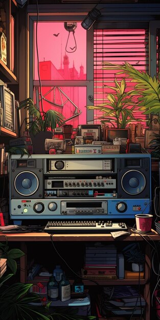 hay una radio y un estéreo en un escritorio en una habitación generativa ai