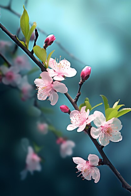 hay una rama de un árbol con flores rosas en él generativo ai