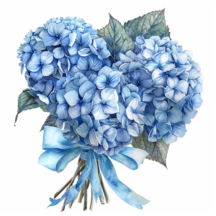hay un ramo de flores azules con una cinta azul generativa ai