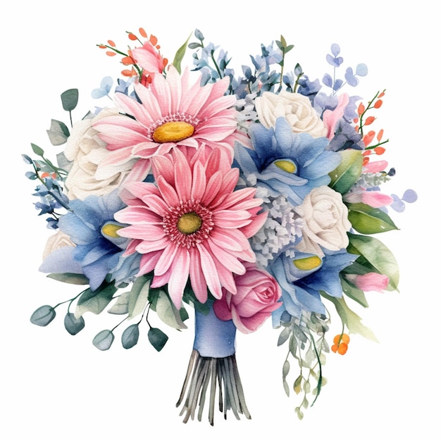 Hay un ramo de flores con flores rosas y azules ai generativo.