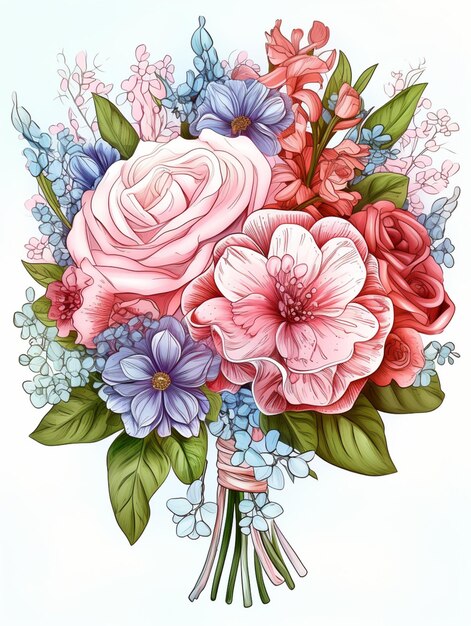 Foto hay un ramo de flores con flores rosas y azules generativas ai