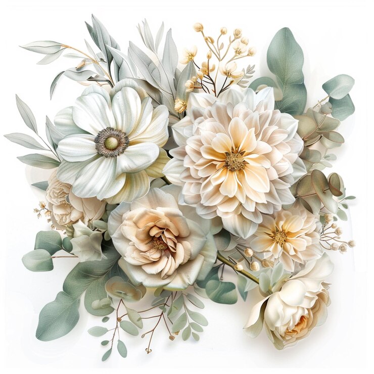 hay un ramo de flores con hojas y flores sobre un fondo blanco ai generativo