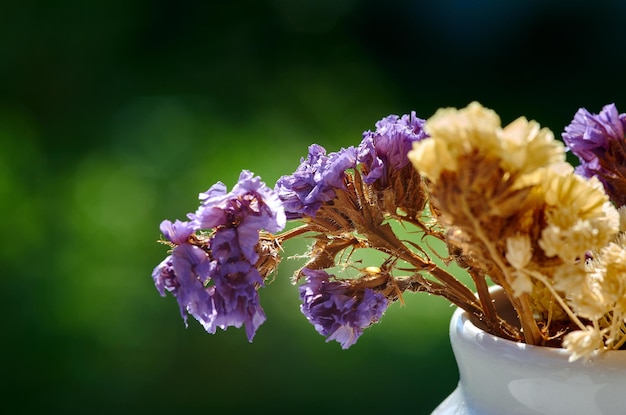 Hay un ramo de flores moradas en un jarrón blanco.