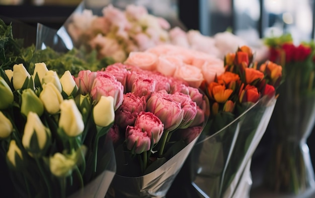 Hay un ramo de flores en una tienda.