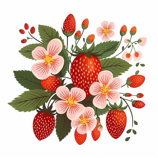 hay un ramo de fresas y flores rosas en un fondo blanco generativo ai