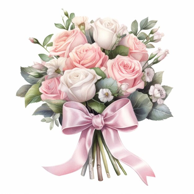 Hay un ramo de rosas rosas y blancas con una cinta rosada generativa ai