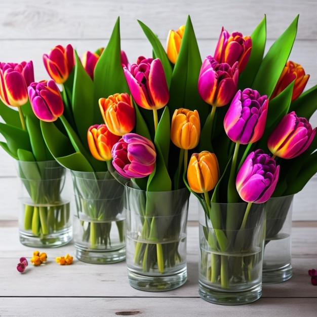 Hay un ramo de tulipanes en un vaso y uno de ellos tiene una flor amarilla.