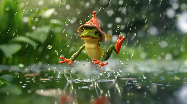 Hay una rana que está de pie en la lluvia generativa ai