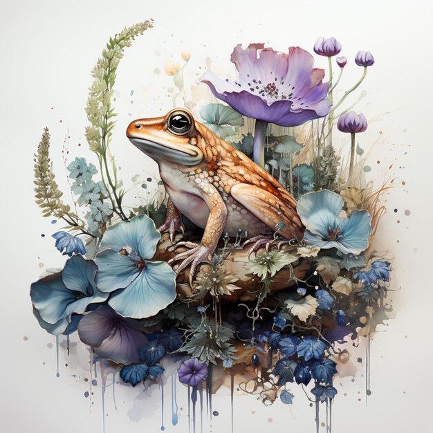 Foto hay una rana sentada en un arreglo floral con flores azules generativa ai
